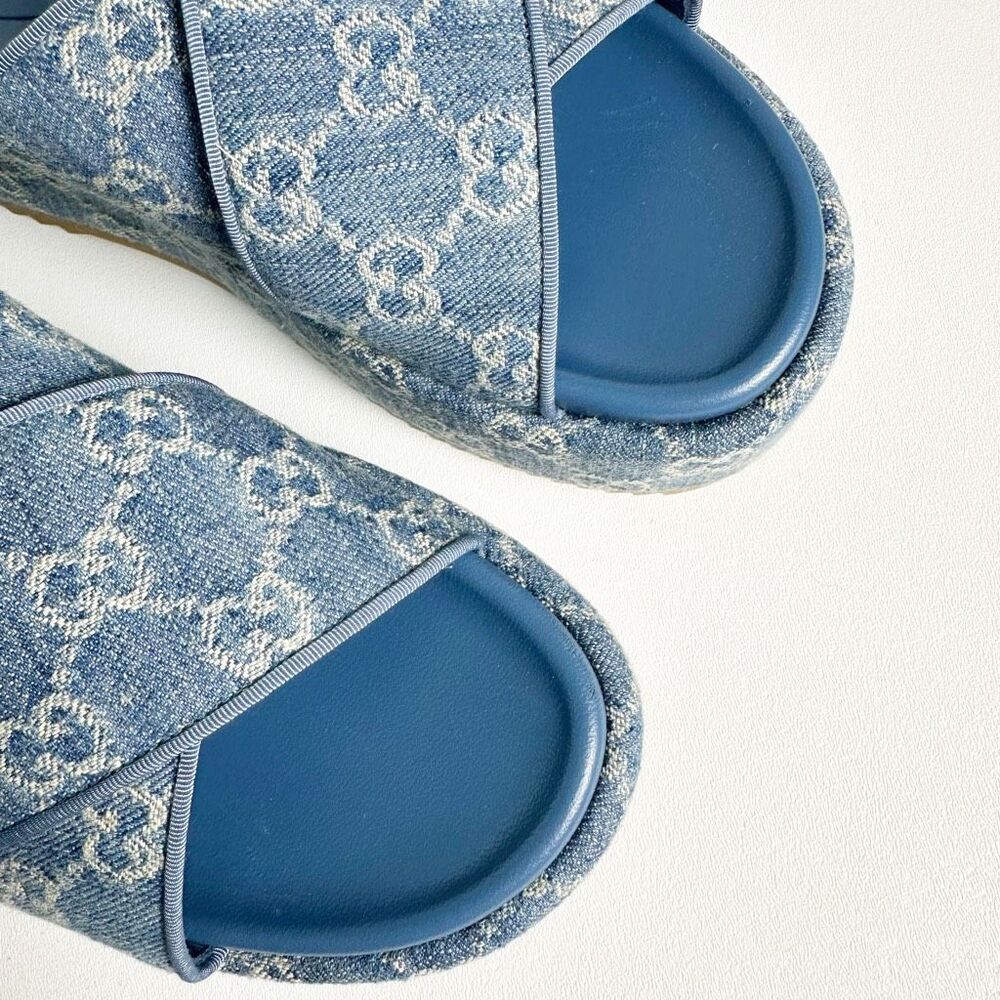 Gucci Blue Denim Platform Sandal Slides - Picture 3 of 13